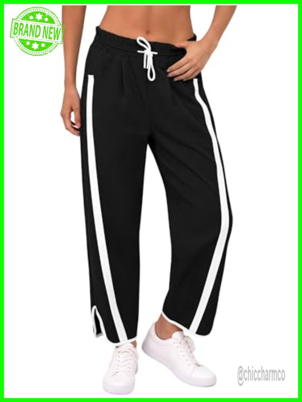 Women's Wide Leg Striped Track Pants with Pockets and Drawstring